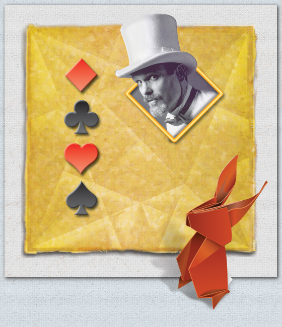 Image of Michael Roy with Tophat & Card Suits and Origami Rabbit