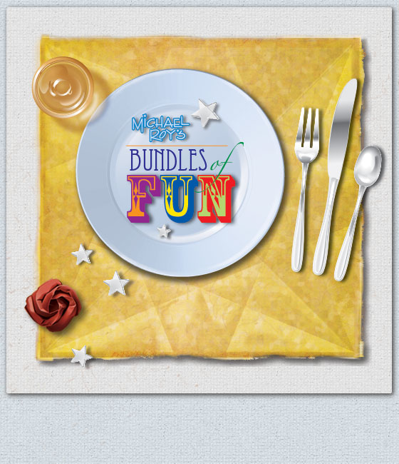 Michael Roy's Bundles of Fun logo with stem glass, plate, fork, knife, spoon, origami stars, and rose on top of square of parchment paper. Michael Roys Bundles of Fun