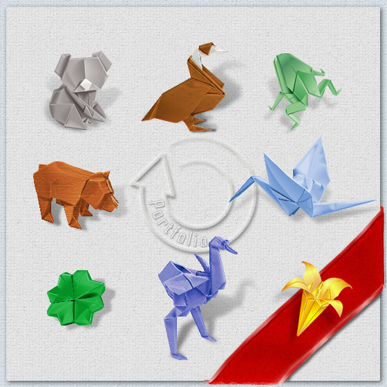 Portfollio Images of Origami Koala, Duck, Frog, Bear, Crane, Four Leaf Clover, Ostrich, Lily